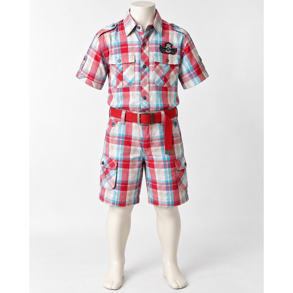 Red Ape Y2K Plaid Shirt Cargo Shorts 2 Piece Set Red Blue Belt Streetwear Large